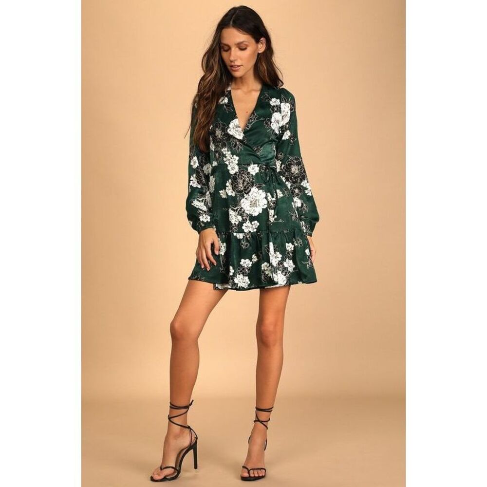 Lulus So Splendid Dark Green Floral Satin Long Sleeve Wrap Dress - Size S